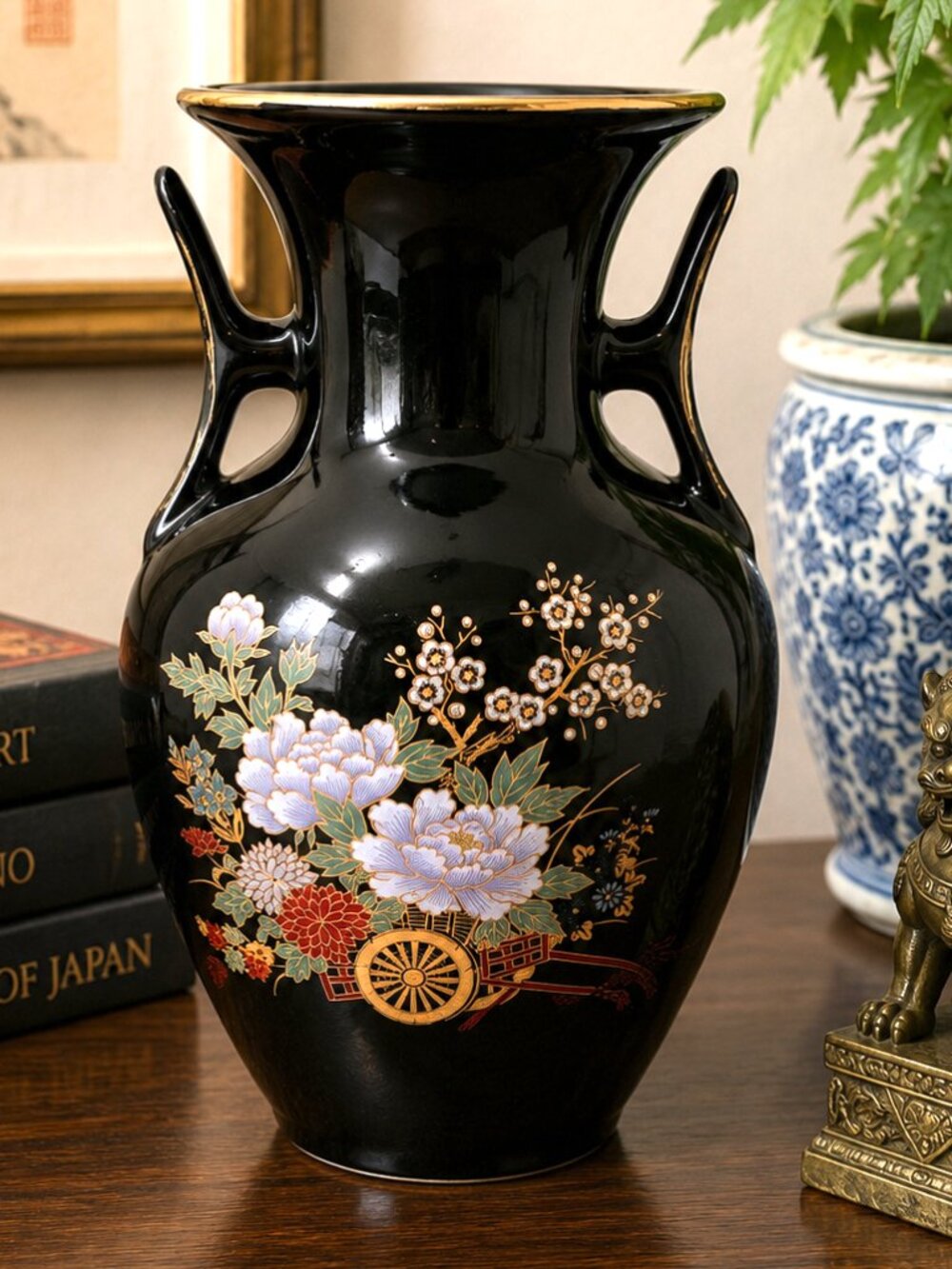 Vintage Black Japanese Floral Porcelain Vase Double Handle Gold Trim 10.5"